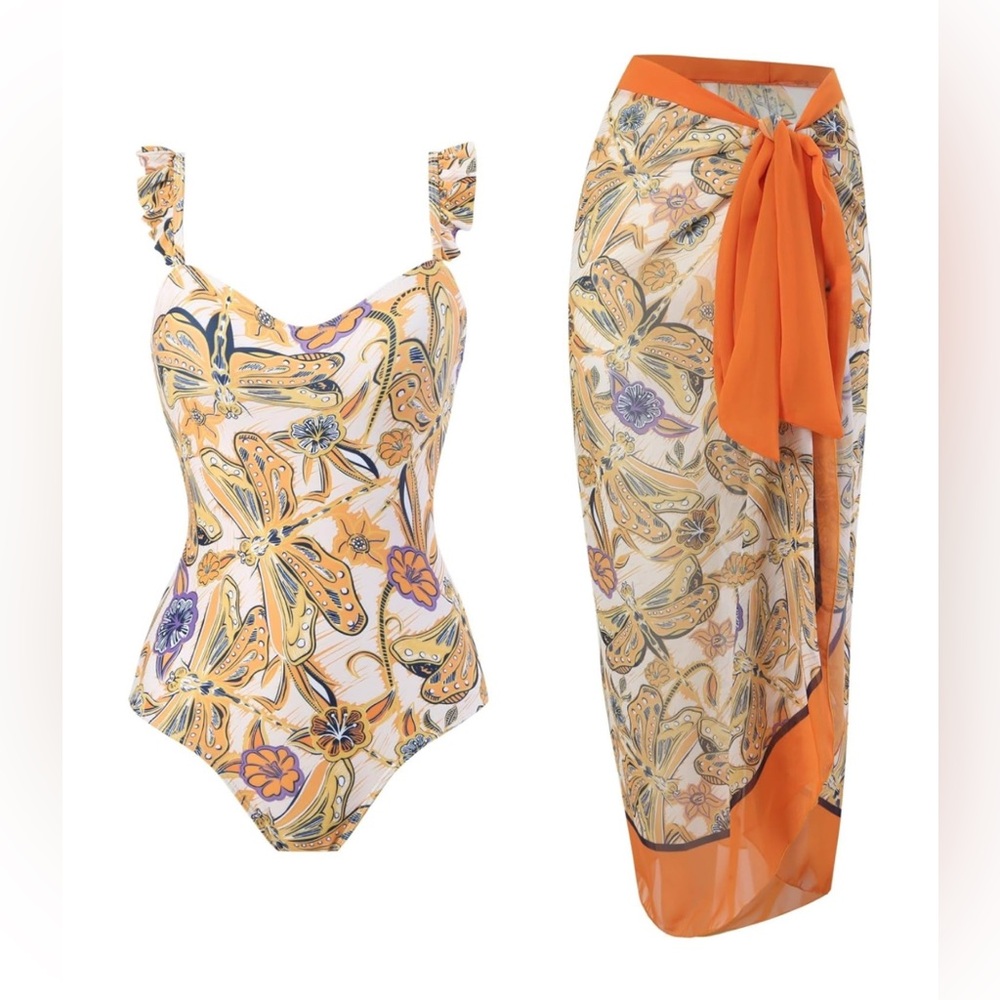 Aprilake Women Orange Dragonfly Ruffle Trim Swimsuit & Sarang Wrap Midi Skirt L